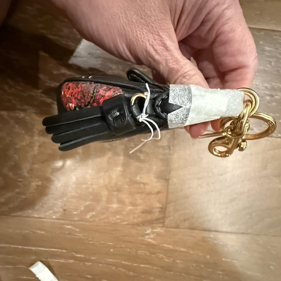 Coach Black Leather Poppy Floral Key Charm with Gold Hardware - Picture 7 of 8